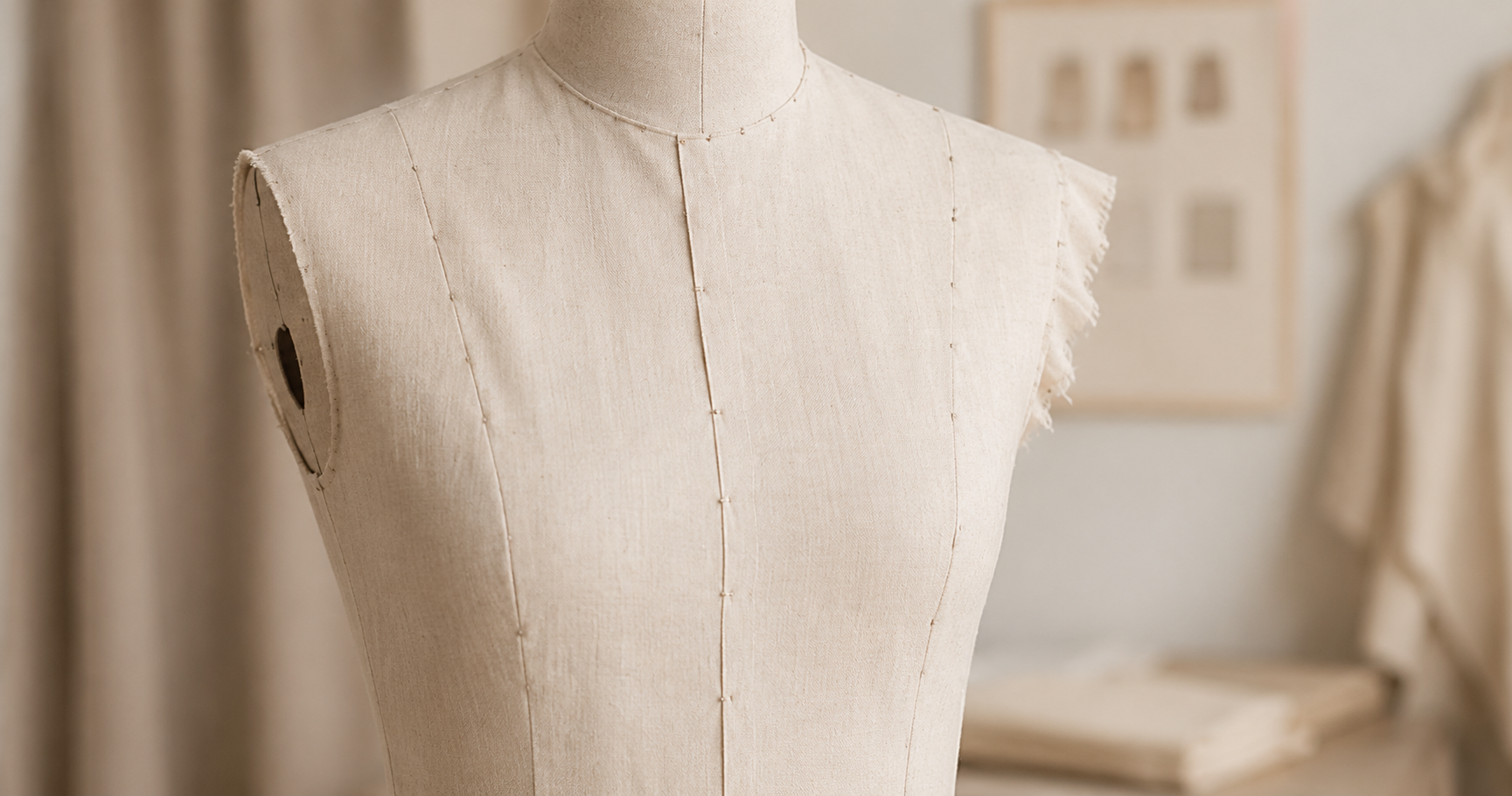 Maniquí de costura con toile de algodón crudo en el estudio