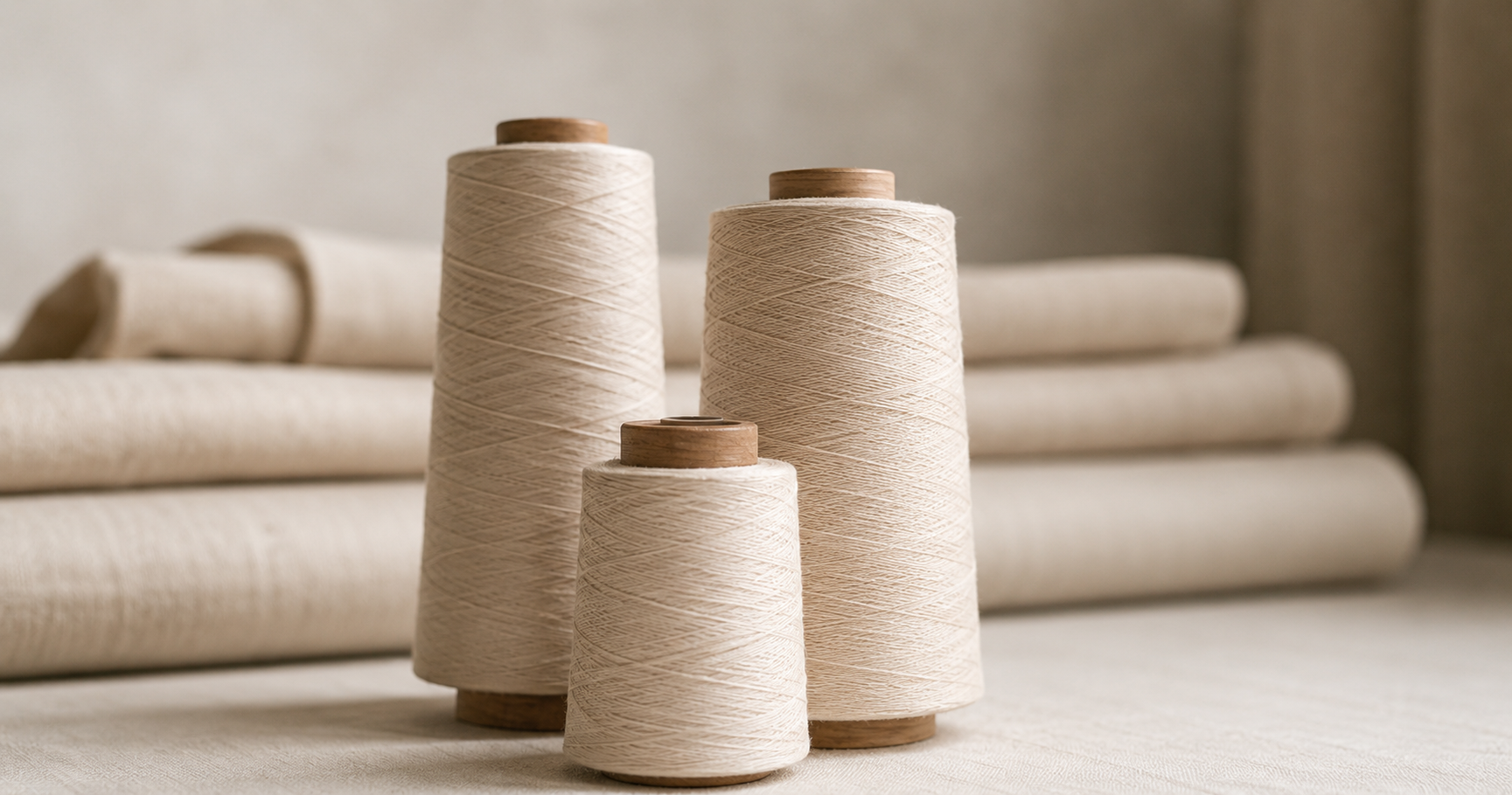 Conos de hilo y rollos de tejido en el taller